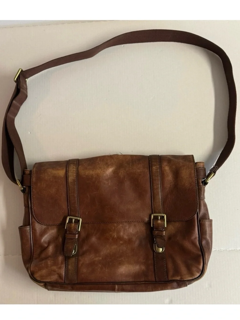 Vintage Fossil Large Leather Messenger Bag - Brown -